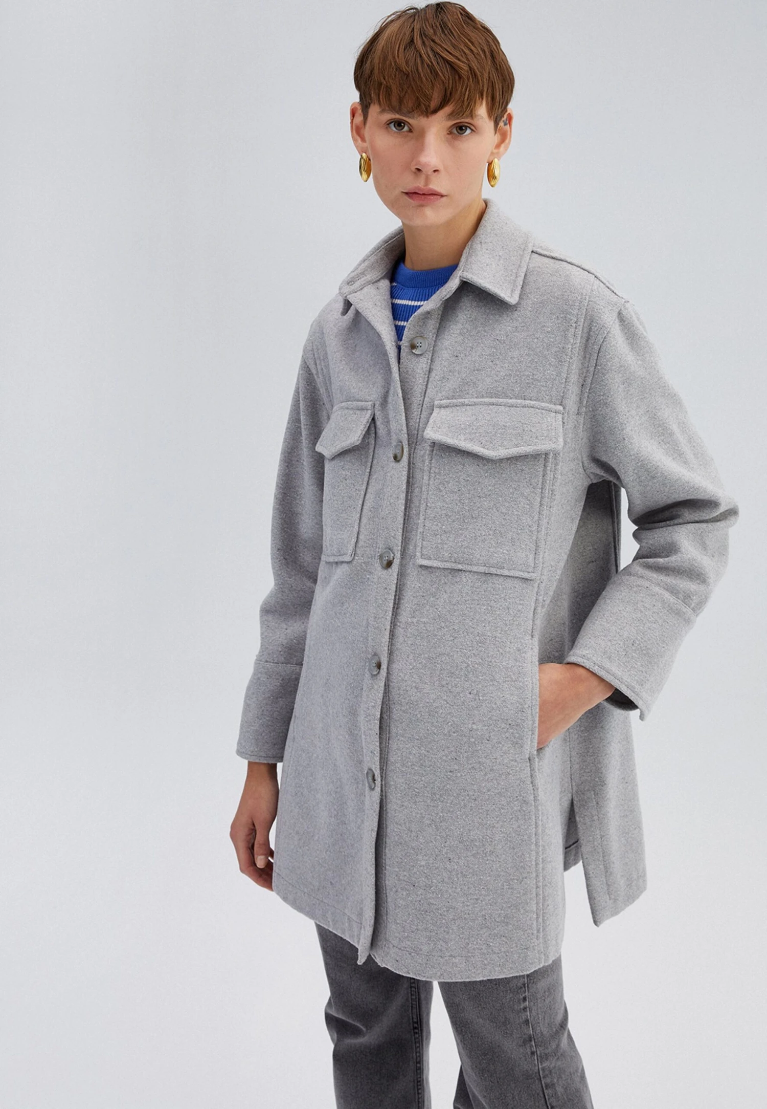 Pocket Detailed - Manteau Court - Grey 3 Pocket Detailed - Manteau Court - Grey