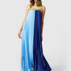 Plissé Con Spilla - Robe Longue - Blu
